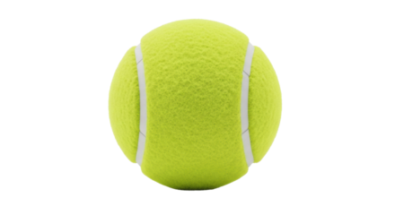 A vibrant neon yellow-green tennis ball with fuzzy felt texture and crisp white seams, perfectly isolated on a transparent studio background with ample negative space, clean professional sports