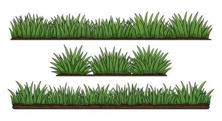 Three horizontal vector strips with lush green grass and stylized plant tufts, rich soil, isolated on a transparent background, bright studio lighting. Concept for growth and environmental graphic