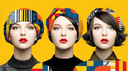 Vibrant Portraits of Women in Bold Geometric Fashion Against Yellow Background