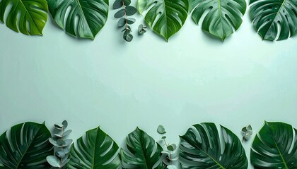 Lush, green monstera leaves and eucalyptus frame a soft green backdrop, nature-inspired