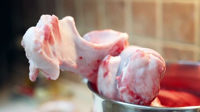 Raw beef bones in metal bowl for dog feeding and pet nutrition