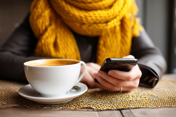 Mobile shopping concept, woman browsing fashion app on smartphone in cafe