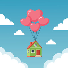Fototapeta premium Flat design green house flying lifted by multiple pink heart shaped balloons in blue sky with clouds