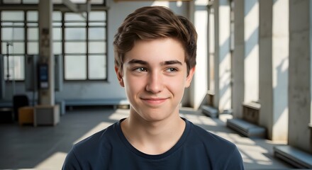 Young man standing in a bright industrial building with a friendly smile.