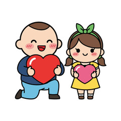 Cute vector illustration of smiling boy kneeling holding big red heart with girl in yellow dress holding pink heart