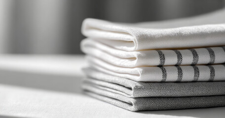 Stack of neatly folded white and gray linen towels with striped pattern on a soft surface in natural light