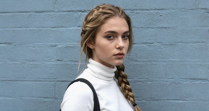 Young woman with blonde braid hairstyle posing against wall