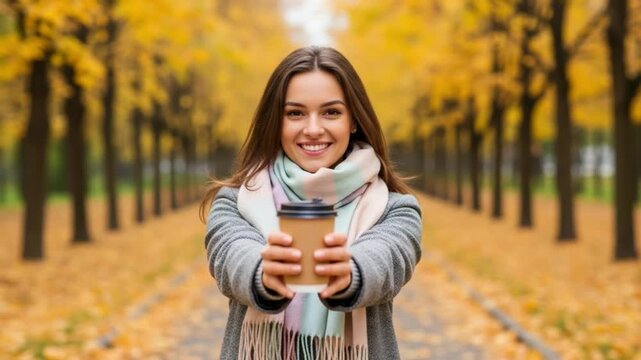 Woman in autumn park smiling and holding out a cup of coffee to the camera with trees in background