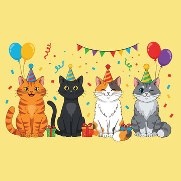 Colorful vector art of four sitting cats wearing party hats with balloons, gifts, and festive confetti on yellow background
