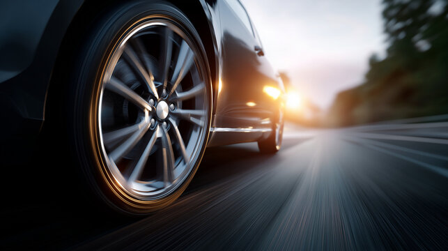 Dynamic close up photograph of modern luxury car wheel and tire in motion on smooth highway surface with dramatic speed motion blur effect vehicle performance engineering