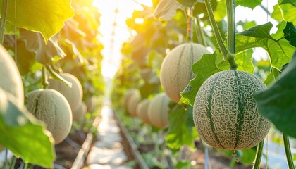 Rows of melons hang in a greenhouse, illuminated by sunlight