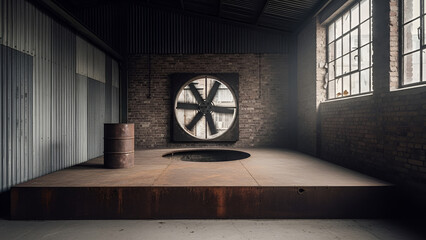 Gritty industrial warehouse with rusted platform, spinning fan, and harsh daylight. Perfect for film production, urban fashion backdrops, music videos, architectural visualization,