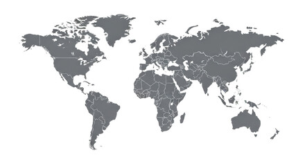 A precise, highly detailed vector world map with solid grey landmasses, white oceans, and fine grey country outlines, centered on a transparent background with copy space, concept of global data