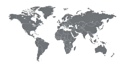 A precise, highly detailed vector world map with solid grey landmasses, white oceans, and fine grey country outlines, centered on a transparent background with copy space, concept of global data