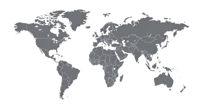 A precise, highly detailed vector world map with solid grey landmasses, white oceans, and fine grey country outlines, centered on a transparent background with copy space, concept of global data