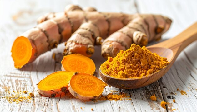 Vivid turmeric root and powder displayed on a wooden surface with a wooden spoon