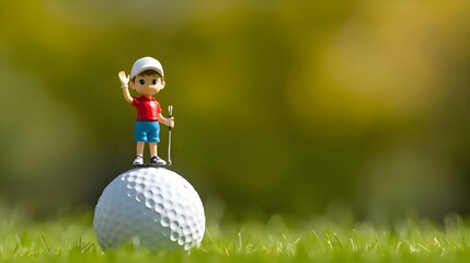 A miniature figure of a boy in a red shirt and white hat waves while standing atop a large golf ball resting in green grass, set against a soft, blurred natural background.