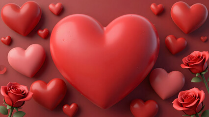 Valentine&rsquo;s Day background featuring 3d hearts, valentines day greeting card, red roses, balloons, gifts, and chocolates 