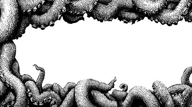 Detailed black and white illustration of mysterious octopus tentacles forming a dramatic decorative frame border with copy space.