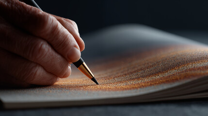 Hand holding pen drawing or writing on textured surface with artistic detail, creative process concept demonstrating craftsmanship and precision