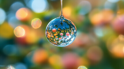 Water droplet suspended with colorful bokeh reflection creating abstract natural background with vibrant multicolored lights and soft focus