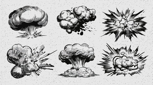 Hand Drawn Explosion Illustrations Set. Vintage Comic Book Style Blast Effects, Smoke, and Mushroom Clouds on Textured Background.