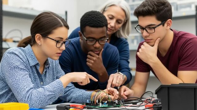 Four diverse students working together on an electronics project in a classroom setting with circuit board and wires