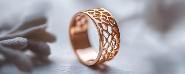 Rose gold ring, intricate design, cotton background, jewelry