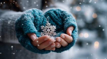 Faceless hands wearing soft knitted teal mittens gently cupping delicate silver snowflake ornament with intricate crystalline details as snow falls around magical winter moment