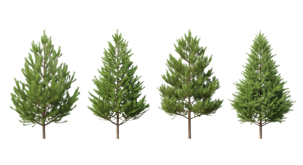 Four distinct evergreen trees, pine and spruce, with vibrant green foliage and brown trunks, varying heights, in a linear row isolated on a clean transparent studio background with copy space, clean