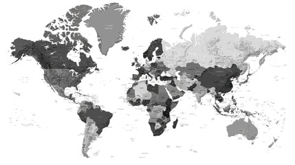 Grayscale Political World Map Illustration Showing All Countries Isolated on White Background for Global Concepts and Data