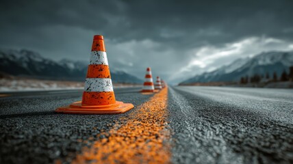 A row of orange and white traffic cones are on a road