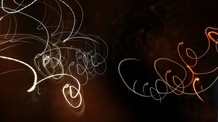 Linear composition. Аbstract long-exposure photograph depicting colorful neon light trails against a dark background.