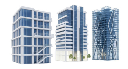 Fototapeta premium Three distinct 3D rendered modern architectural buildings, featuring white facades, blue-tinted glass, and clean lines, standing on a pristine bright white studio background with copy space. Concept