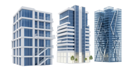 Three distinct 3D rendered modern architectural buildings, featuring white facades, blue-tinted glass, and clean lines, standing on a pristine bright white studio background with copy space. Concept