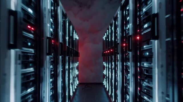 A video showcasing rows of server racks in a modern data center with a tornado of red lights