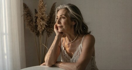 Pensive senior woman reflecting by window light