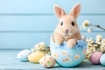 Cute bunny in a colorful egg with small eggs and flowers around on a blue background during spring season