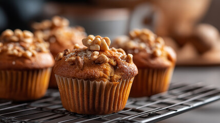 Freshly baked nutty muffins with generous toppings of chopped walnuts and streusel placed on wire cooling rack homemade baking showcase sweet breakfast treats morning pastries