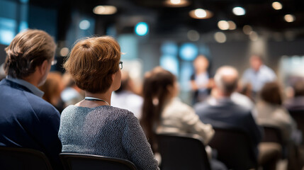 Faceless professional audience members seated in rows watching business presentation or conference on stage corporate seminar attendance professional development event education