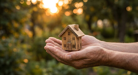 Senior hands holding wooden house model, real estate insurance concept, eco friendly home protection, warm sunset nature background, property investment, retirement planning, miniature toy, mortgage.