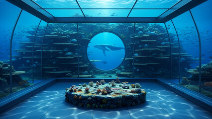 Cinematic underwater observation deck offers tranquil deep blue immersion with a whale, coral reef, and caustic light patterns. Ideal for luxury travel, marine science, wellness, resort promotions,
