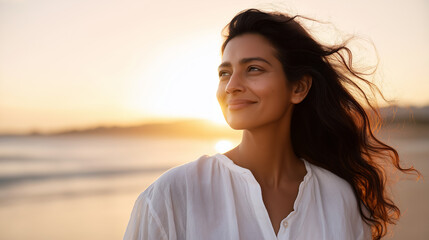 Woman with long dark wavy hair in white linen shirt standing at beach during golden hour sunset relaxed coastal portrait summer vacation lifestyle natural beauty moment seaside