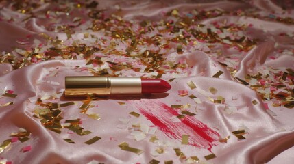A red lipstick rests on pink satin surrounded by golden confetti with a bold cosmetic smear