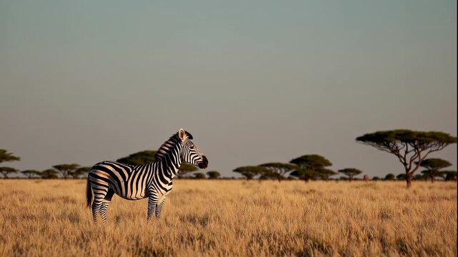 A serene video of a zebra standing in a savannah landscape during golden hour