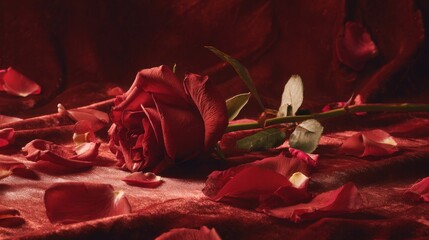 A deep red rose lies scattered on rich velvet fabric creating a dramatic romantic still life