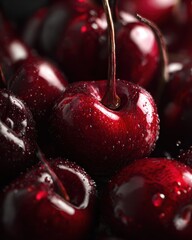Glossy dark cherries covered in droplets create a rich and indulgent close up composition
