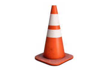 Orange traffic cone signaling caution, temporary road work, and safety warnings with reflective white stripes on transparent background