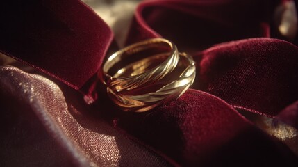 Delicate gold rings rest on crimson velvet creating a romantic and refined jewelry close up