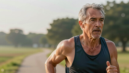 Senior man running outdoors in park active longevity healthy lifestyle fitness exercise wellness background copy space retired person energy motivation